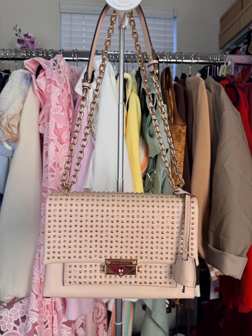 Michael Kors CECE MEDIUM Blush Pink Shoulder/Crossbody Bag with Gold & Crystals